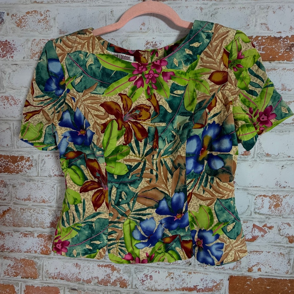 Maggy London Blouse Women 4 Multicolor Vintage Silk Tropical Floral Button Back